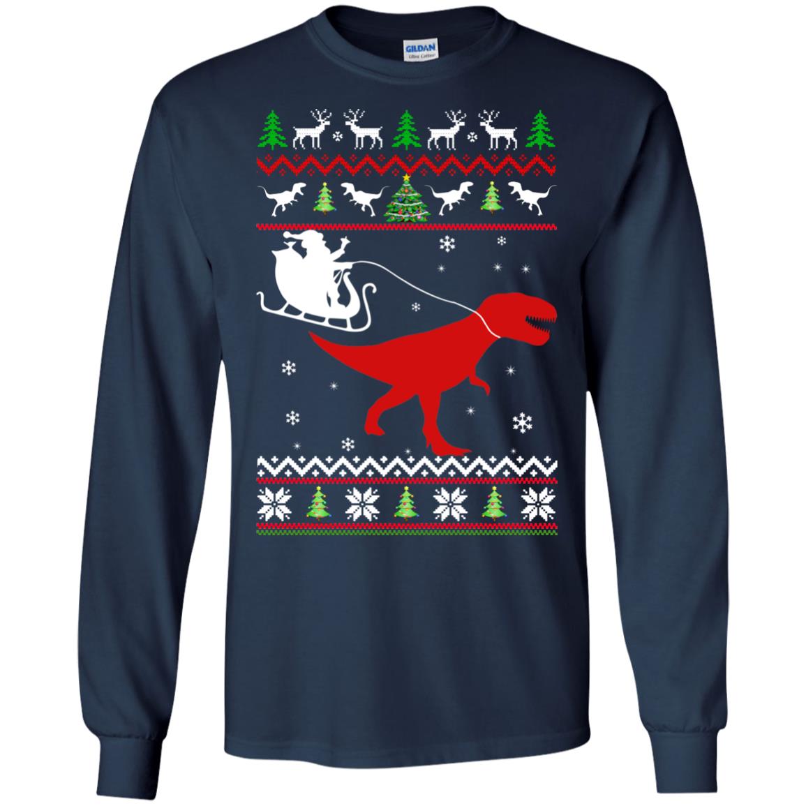 Santa rides T-rex sweater, Christmas Santa Rides Dinosaur Ugly Sweater ...